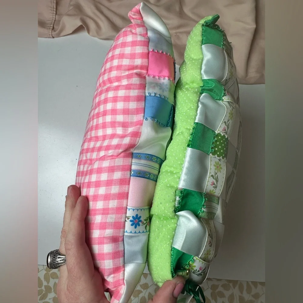 Ribbon Pillows By Marsha Lot;2 Small Fairy/Cottage Core Green & Pink Pillows NWT